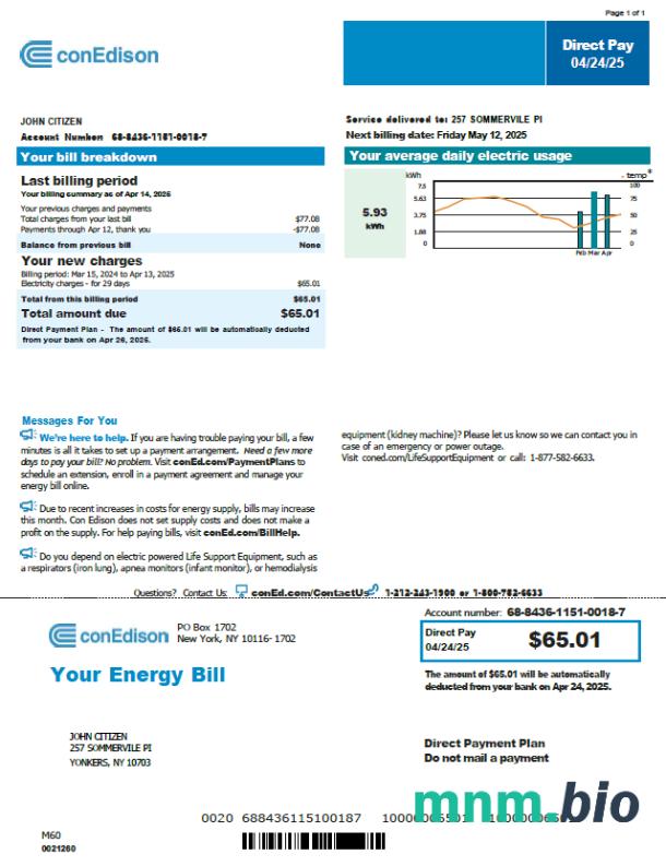 Szablon rachunku za media USA Conedison w formatach Word i PDF, Wersja 2